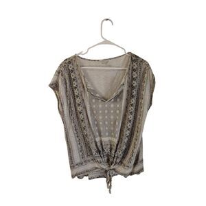 Lucky‎ Brand Women's XL Brown Geometric Pattern Front Tie Knot Blouse